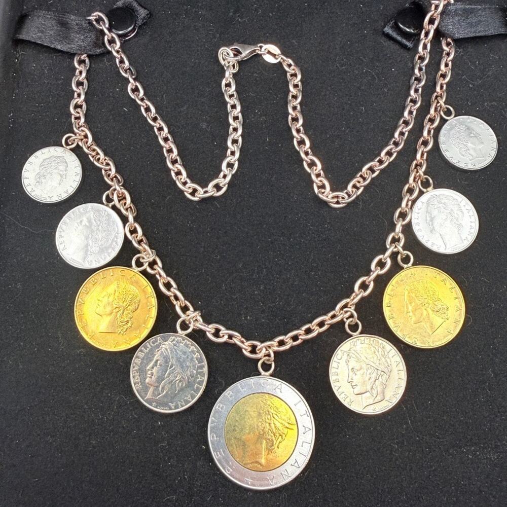 Signed JCM Jacmel 925 Sterling Silver Italian Coin Charm Necklace 32" Repvbblica